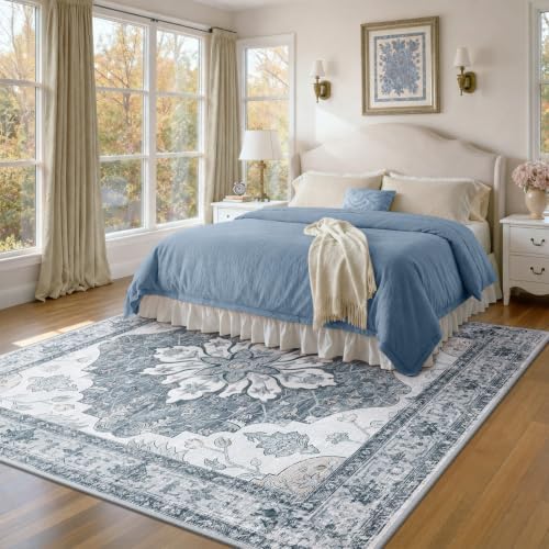RELEANY Washable Area Rug, Square 8'x8', Grey/White/Beige - Image 3