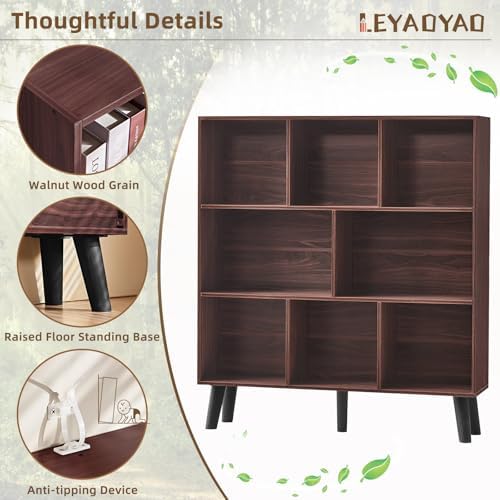LEYAOYAO 8 Cube Bookshelf, Mid-Century Modern Book Shelf with Legs, Walnut - Image 5