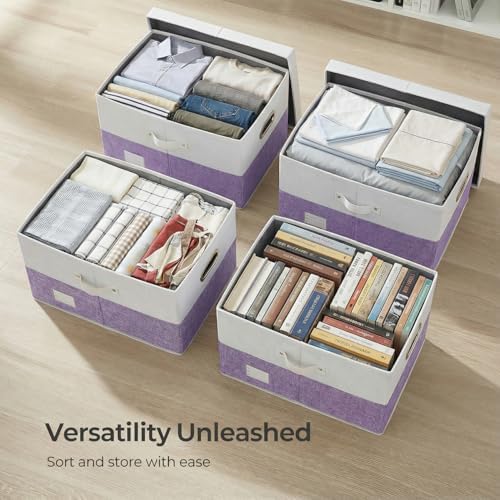 PRANDOM Storage Bins with Lids [3-Pack] Linen Fabric Foldable Storage Boxes Organizer Containers Baskets Cube with Cover for Bedroom Closet Office White&Purple (23.4X15.9X11.4) - Image 6