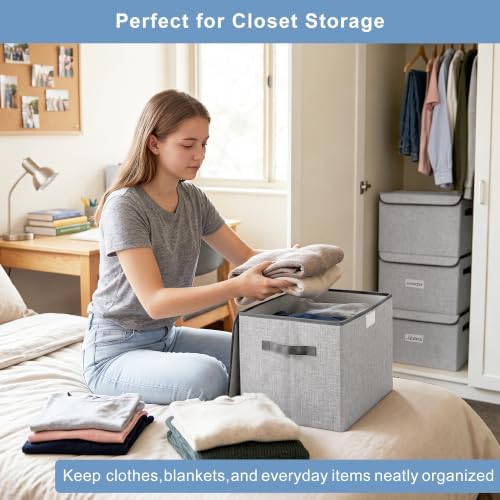 Bagnizer Linen Fabric Foldable Storage Cube Bin Organizer Basket with Flip-Top Lid & Handles, Large Clothes Blanket Box for Home, Office, Closet, Light Gray, 4 Pack 14.6 x 9.5 x 9.5” - Image 3