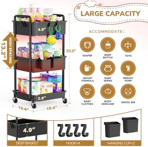 Goovilla Diaper Cart with Lockable Wheels and Easy Assembly, 3 Tier Black - Image 4
