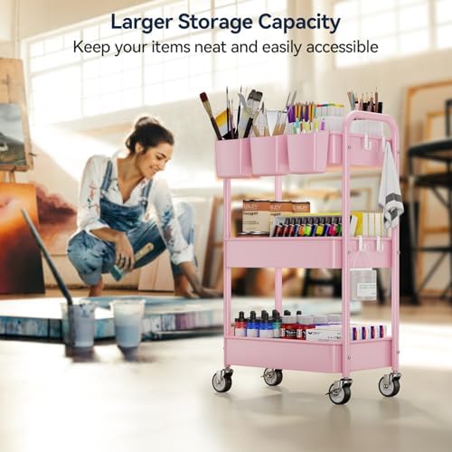 YASONIC 3 Tier Rolling Cart, Heavy Duty Metal Utility Cart with Wheel Pink - Image 4