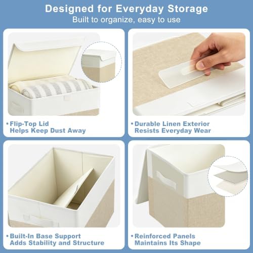 Bagnizer Large 17" 42 Quarts Collapsible Stackable Storage Bins with Lids [3-Pack] Foldable Fabric Linen Storage Boxes Cube, Closet Organizer Baskets with Label (16.7 x 12 x 12, Beige & White) - Image 5