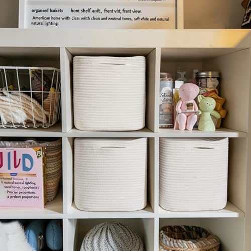 11x11x11 Cube Storage Bin - 3 Pack Woven Storage Cubes Organizer, 11 Inch White Cotton Rope Baskets for Organizing, Square Baskets for Shelves, Nursery Closet Bins, Cubby Toy Box Organizer - Image 3