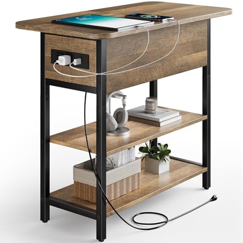 Yoobure End Table with Charging Station, Flip Top Side Table with USB Ports and Outlets, Sofa Couch Table Bedside Table for Living Room Bedroom, Narrow Nightstand with Storage Shelves for Small Space by Yoobure