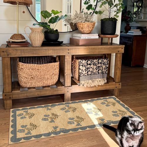 Front Door Mat Indoor Entrance - 2x4.3 Jute-Look Blue Floral Rug - Image 5