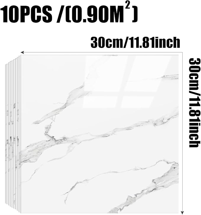 Chejiaye Shower Wall Panels Peel and Stick,Marble Wall Panels for Interior Decor,Backsplash Tile for Kitchen Showers Bathrooms Living Rooms 11.8"x11.8"in 10Pcs,White & Grey (Not Real Tile,9.7 Sq.ft) - Image 3