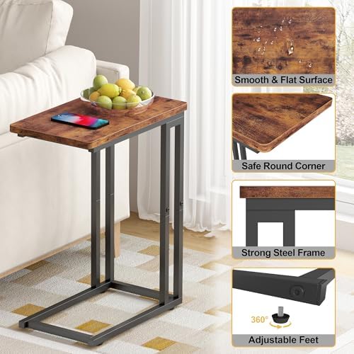 Yusong C Shaped End Table - Slide Under Sofa Couch Bed, Small Table for Small Spaces, Skinny Overbed, Coffee Drink Snack Table for Living Room, Rustic Brown - Image 6