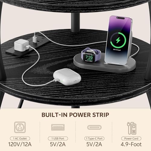 Round Side Table with Charging Station, USB Type C Port, Black - Image 5