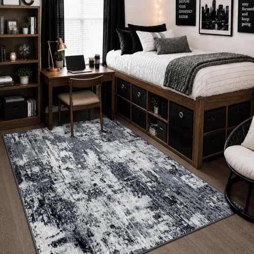 RELEANY Washable 4'x6' Abstract Area Rug for Living Room Black White by RELEANY