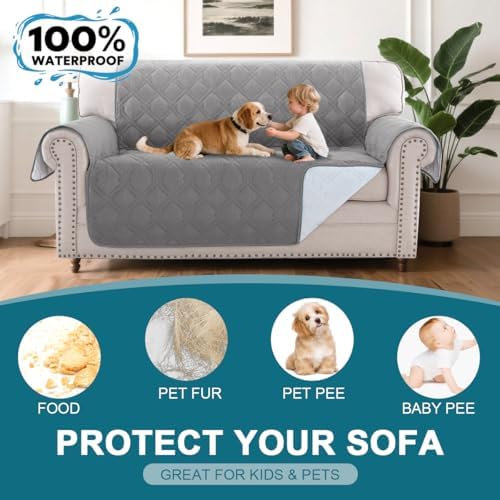Turquoize 100% Waterproof Couch Cover Sofa Covers for 2 Cushion Couch Loveseat Covers Triple Non-Slip Washable Furniture Protector Cover for Pets, Kids, Dog (Loveseat 54", Light Gray) - Image 2