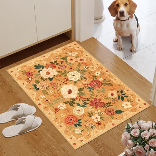 DUKINO 2x3 Entryway Rug, Floral Door Mat Soft Washable Rug Non Slip, Orange - Image 3