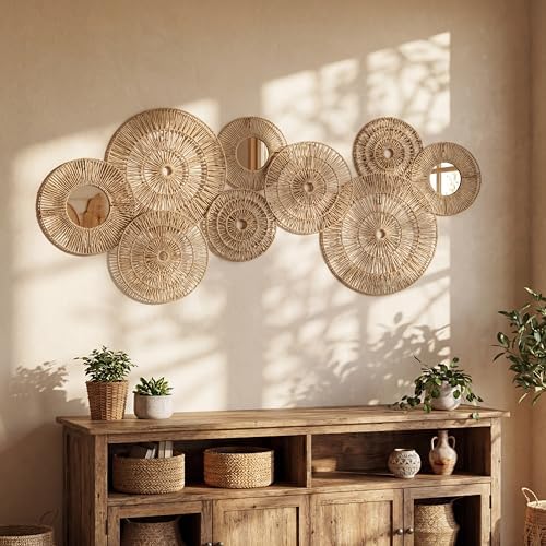 Yerliker 9 Pack Wicker Jute Wall Decor Baskets - Wicker Woven Jute Wall Mirrors Baskets Decorative Boho Hanging Woven Basket, Rustic Round Mirrors Natural Home Decor Set for Bedroom Living Room - Image 4