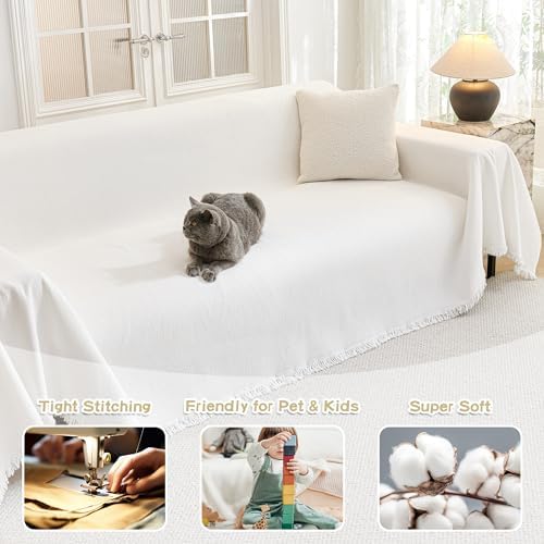 MYSKY HOME Couch Covers Couch Cover for Dogs Washable, Couch Covers for Sectional Sofa, Sofa Covers for 3 Cushion Couch Sofa Cover for Living Room Furniture Protector for Pets, Kids, 91"x134", White - Image 2