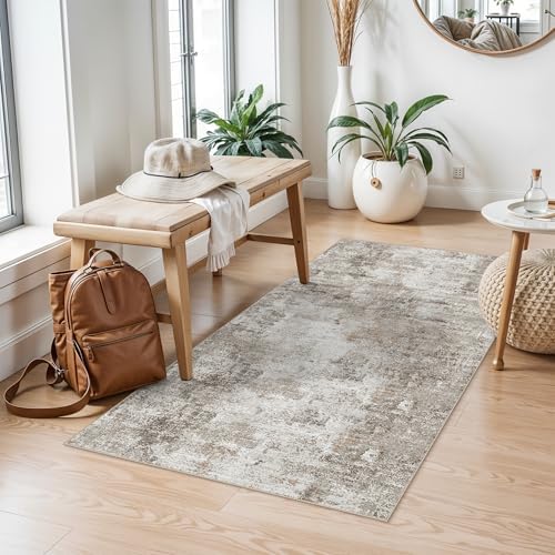 2x4 Washable Entryway Area Rug - Non-Slip Modern Small Indoor Mat for Bathroom,Living Room,Bedroom - Abstract Neutral Soft Low-Pile Throw Carpet with Rubber Backing (Beige Grey) by ZHXXUJ