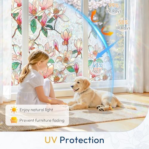 rabbitgoo Stained Glass Window Privacy Film, Magnolia, 17.5" x 118.1" - Image 3