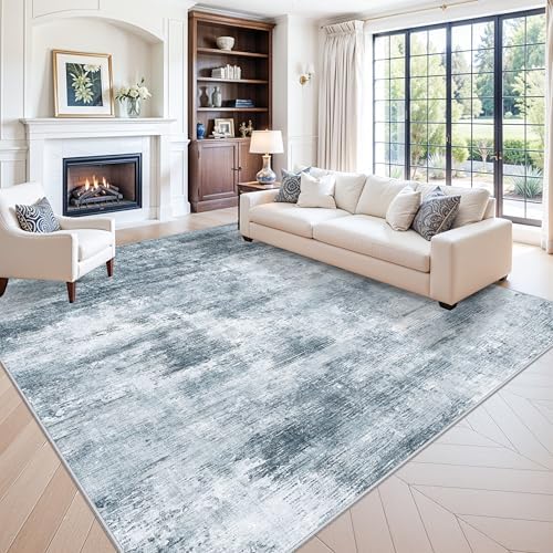 12x12ft Square Living Room Rug – Non-Slip Washable Extra Large Floor Carpet for Bedroom, Dining Room, Playroom Room – Modern Abstract Neutral Thin Low-Pile Big Indoor Rug (Misty Blue Gray) by ZHXXUJ