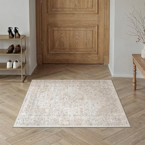 2x3 Washable Area Rug Beige Grey Non Slip Vintage Carpet - Image 2