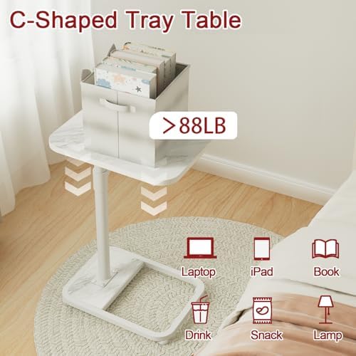 GOYLSER C Shaped Tv Trays Living Room End Table End Stand, White Marble Minimalist Wooden C Table for Sofa, Height Adjustable Tv Tray Tables Side Table for Dinner Eating - Image 5
