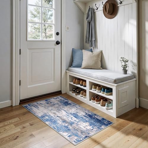 RELEANY Washable 2'x4' Abstract Area Rug for Living Room Blue Gray by RELEANY