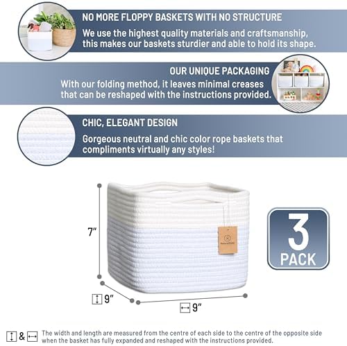 NaturalCozy Storage Cubes 9”x9”x7”Cotton Rope Woven Baskets for Organizing 3-Pack | 9 Inch Cube Storage Bin | Small Basket for Shelf Nursery, Pantry, Decorative Plant, Bathroom Closet, Toy Gift - Image 2
