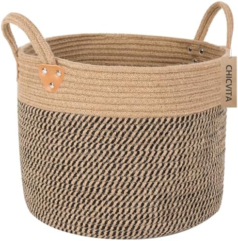 CHICVITA Wicker Storage Basket with Leather Handles, 14" x 12", Black by CHICVITA