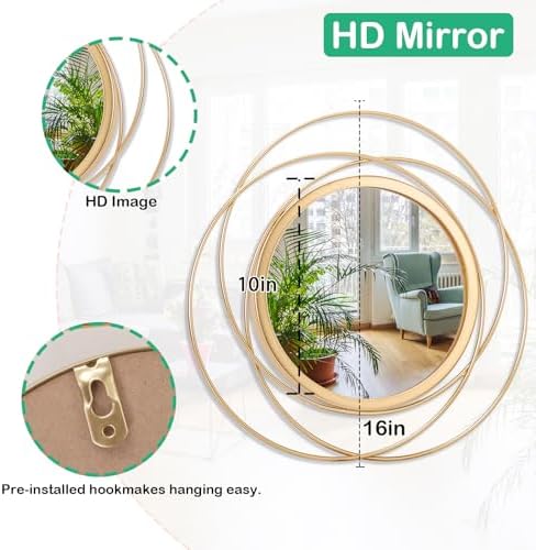 Gold Art Large Round Mirror with Iron Metal Wire Frame Wall-Mounted Mirror for Home Decor Living Room Bedroom Bathroom Entryway 16" - Image 7