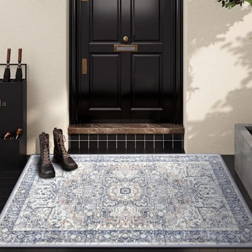 Hanples 2x3 Washable Rugs for Entryway, Vintage Floral Door Mat, Blue by Hanples