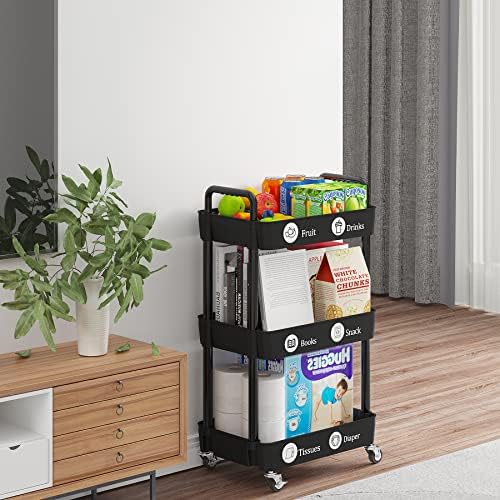 Laiensia 3-Tier Storage Carts,Multifunction Utility Rolling Cart Kitchen Storage Organizer,Mobile Shelving Unit Cart with Lockable Wheels for Bathroom,Laundry,Living Room,With Classified Sticker,Black - Image 5