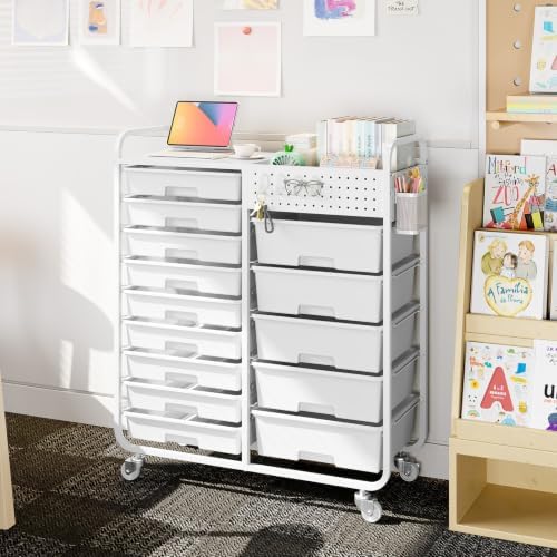 14 Drawer Rolling Storage Cart with Tabletop and Pegboard for Crafts White - Image 2