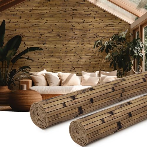 Juexica 2 Pcs Natural Bamboo Wall Panel for Interior Wall 48''x96'' Bamboo Covering Renewable Pole Wainscoting Room Divider Wrap Decor for Bedroom Living Room Kitchen Island Office (Dark Burned) by Juexica