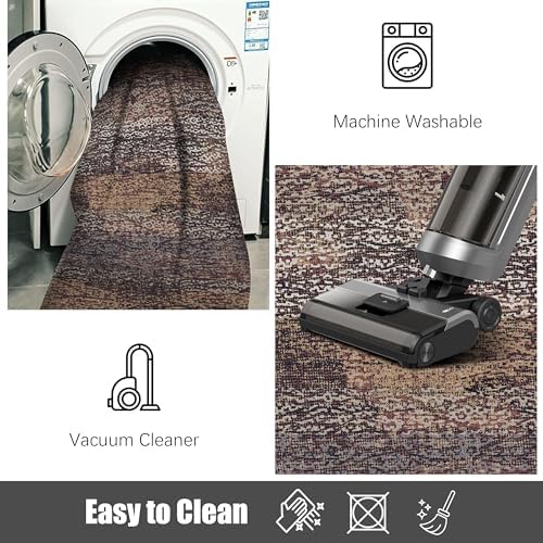 RUGSURE Washable Area Rug - 1/6" Thick Low Pile - Stain & Water Resistant Non-Slip Backing - Pet & Child Friendly Vintage Abstract Design in Multi-Tone Rust Brown, Blue & Beige (3' x 5') - Image 7