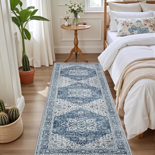 Hallway Runner Rug: 2.6x8 Kitchen Boho Rugs for Living Room Blue - Image 3