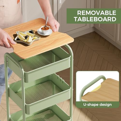 3 Tier Rolling Cart with Table top, Metal Rolling Utility Cart, Sturdy Storage Organizer Cart with Locking Wheels & Hooks for Office, Classroom, Kitchen and Bathroom - Image 3