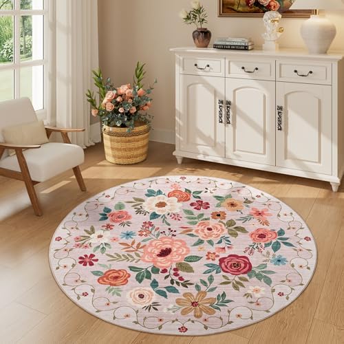 DUKINO 4ft Round Rug, Floral Washable Small Round Area Rug Non Slip, Beige by DUKINO