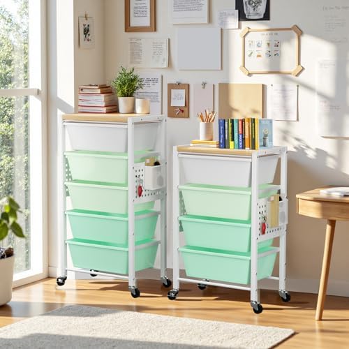 Rolling Cart with 5 Drawers, Plastic Drawer Storage Carts with Wheels & Wooden Tabletop, Metal Utility Cart with Pegboards, Office Living Room Classroom Craft Organization and Storage, Bright Green - Image 2