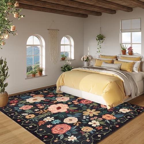 DUKINO 6x9 Area Rugs, Floral Washable Rug for Bedroom Non Slip, Black - Image 4