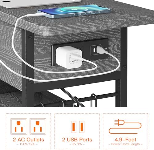 End Table with Charging Station, Flip Top Nightstand with USB Ports and Outlets,Couch Side Table with Fabric Bag and Hooks, Bedside Table for Space Saving, Living Room, Bedroom (Grey) - Image 5