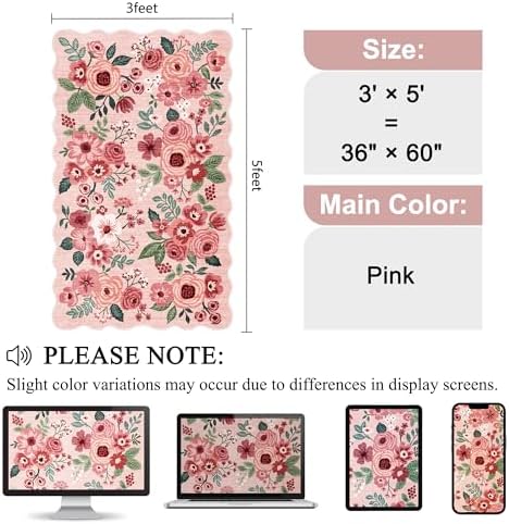 DUKINO 3x5 Area Rugs, Non Slip Floral Washable Rug for Bedroom, Pink - Image 2