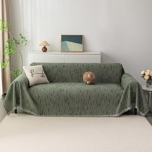MYSKY HOME Couch Covers for 2 Cushion Couch Sectional Sofa, L Shape Sofa Protector Moss Green Chenille Couch Cover, Sofa Covers Washable Blanket with Tassel Pet Couch Cushion Cover, 71"X102" - Image 2