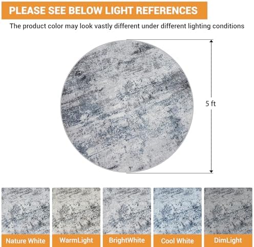 Aelenmu Round Rug 5ft Washable Rug for Dining Room Living Room Blue Grey - Image 2