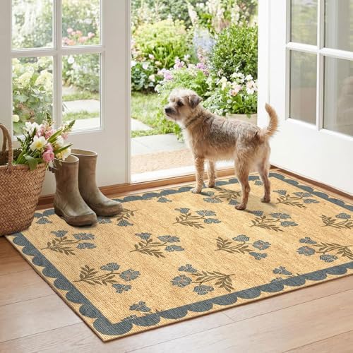 Floral Outdoor Rug - 28" x 43" Front Door Mat Indoor Outside Entrance Non-Slip Washable Outdoor Mat Jute-Look Blue Scalloped Rug for Entryway Kitchen Mudroom Layered Doormat for Front Porch by Othilic
