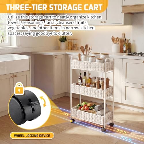 FOCHIER F Utility Slim Storage Cart,3-Tier Rolling Kitchen Office Laundry Room Cart,Mobile Shelving Unit Organizer for Living Room Bathroom Baby Diaper Narrow Places (White, UC-White-7.1inch) - Image 4
