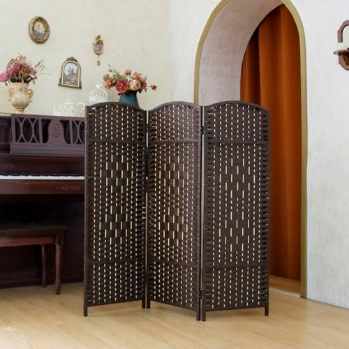 Compact 3 Panel Short Room Divider, 47.2 Inch Tall Double-Sided Rattan Folding Privacy Screen for Home & Office,Dark Brown by PawlaBay