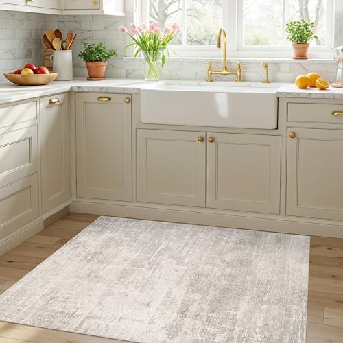 Washable 3x4 Kitchen Area Rugs: Abstract Stain-Resistant Sink Rug Non-Slip Durable Doormat Ultra Soft Bedroom Nursery Besides Carpets Indoor Water Resistant Bathroom Floor Mat(3x4,Beige/Cream) - Image 6