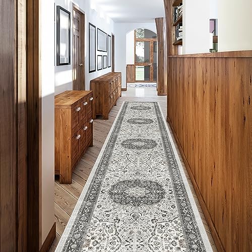 Hallway Washable Runner Rug - 2'6x12 Kitchen Rugs Entryway Rug Runner Vintage Soft Floor Mat Non Slip Indoor Farmhouse Carpet for Bathroom Living Room Bedroom (2'6''x12', Grey) by HYHAOYUNLAI