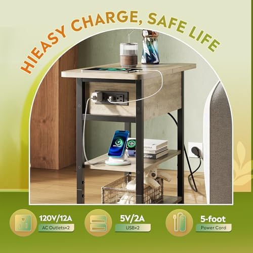 WLIVE 3-Tier End Table with Charging Station Flip Top Narrow Nightstand - Image 5