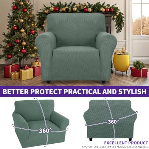 ZNSAYOTX Super Stretch Chair Slipcover Universal Sofa Chair Covers for Living Room Dogs Pet Furniture Protector Spandex Armchair Slipcovers with Anti Slip Foam Sticks (Pea Green, Chair) - Image 2