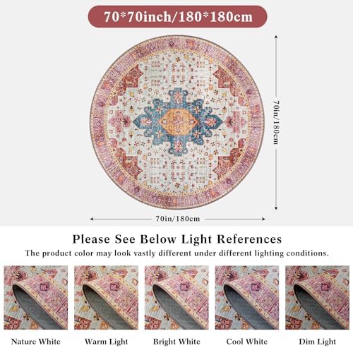 Moynesa Ultra-Thin Washable Round Rug - 6ft Pink Large Living Room Circle Area Rugs, Vintage Dining Room Mat Stain Resistant Nursery Carpet for Bedroom Mudroom Kitchen Apartment Home Office - Image 2