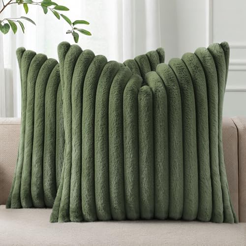 Pallene Faux Fur Decorative Throw Pillow Covers 16x16 Set of 2, Olive Green by PALLENE